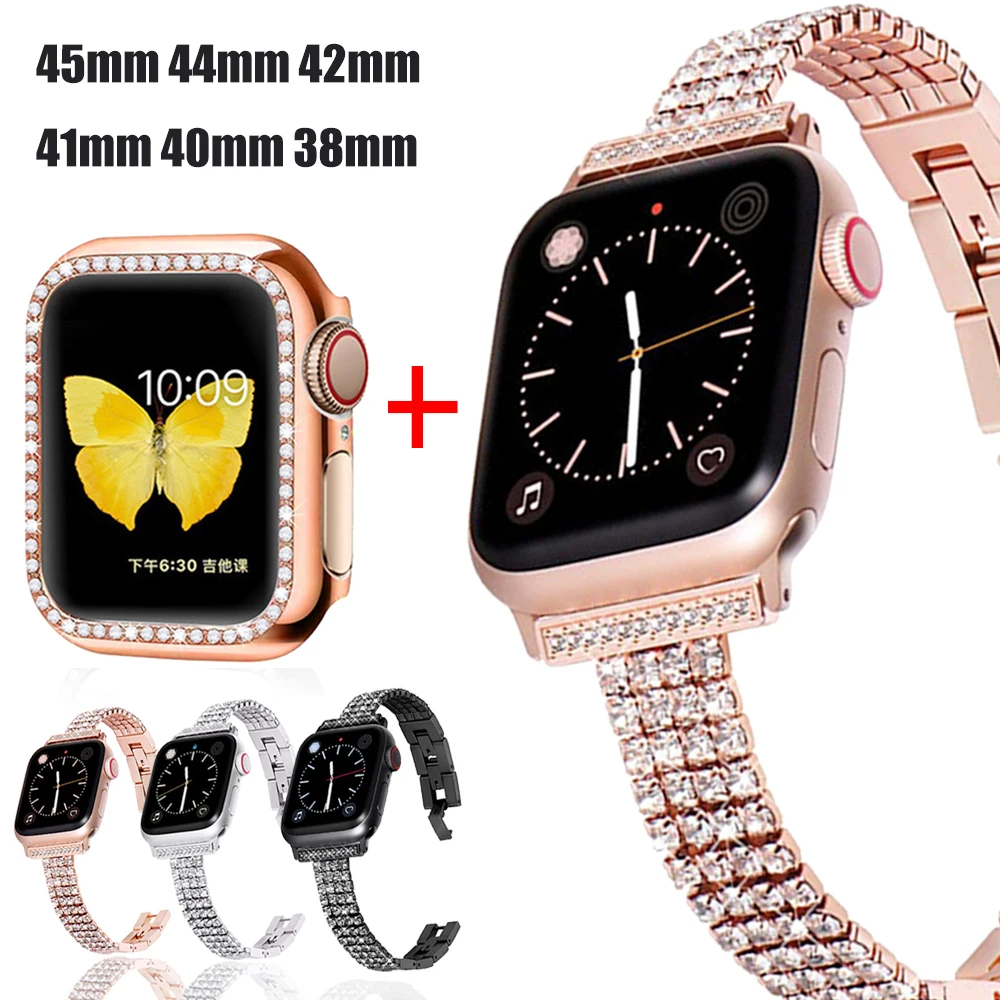 

Женский браслет со стразами и чехол для Apple Watch Band 7 SE 6 5 41 мм 45 мм 40 мм 44 мм, браслет из нержавеющей стали для iWatch Series 3 38/ 42 мм