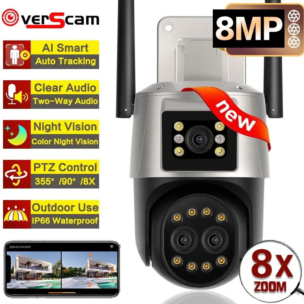 4K 8MP WIFI Security Protection Outdoor 8X Zoom Three Lens Dual Screen Audio Home Security PTZ 360° Auto Tracking Smart Home Cam 6k 12mp wifi ip camera security protection 4k 8mp outdoor wireless ai tracking 8x zoom ptz three lens cctv video surveillance