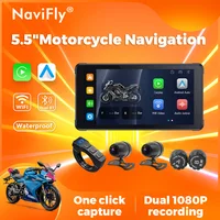 NaviFly 5.5" Portable Motorcycle Screen Navigation IP67 Waterproof Monitor Wireless CarPlay Android Auto BT WIFI Dual Camera SWC