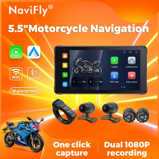 NaviFly 5.5" Portable Motorcycle Screen Navigation IP67 Waterproof Monitor Wireless CarPlay Android Auto BT WIFI Dual Camera SWC
