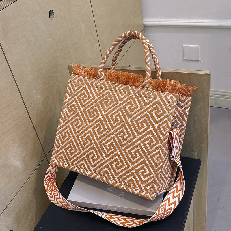 Große Kapazität Strand tasche für Frauen 2024 Mode Jacquard Stickerei Leinwand Umhängetasche Marke Designer Handtasche Einkaufstasche – Detail 26
