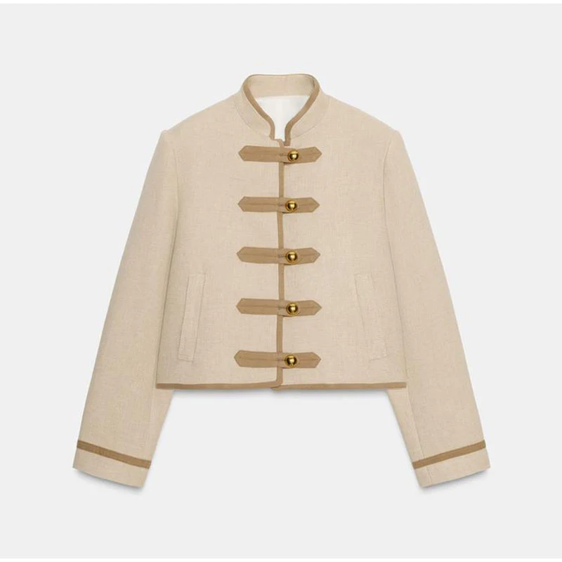 Women’s Cropped Military Jacket with Toggle Buttons - Front View