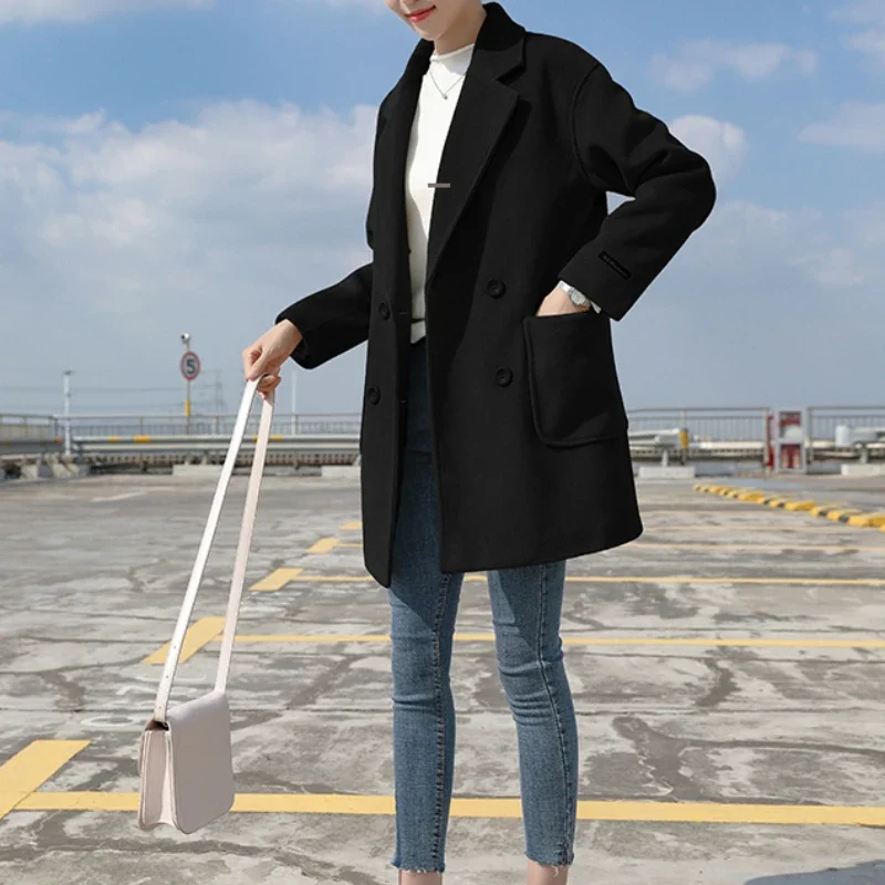 Ladies Long Sleeve Elegant Black Jacket Double Breasted Fashion Jacket Winter Casual Loose Warm Wool Blended Jacket Windbreaker