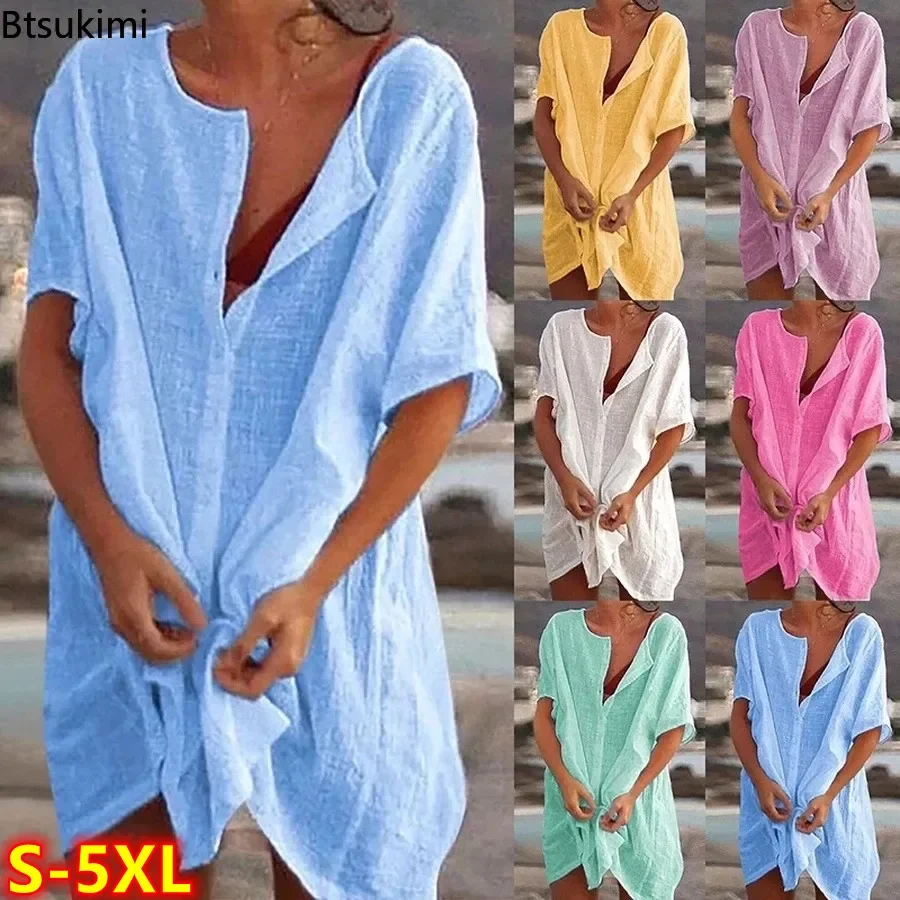 

2024 Women's Cotton Linen Beach Dress Solid Summer Casual Cover-ups Midi Dresses Soft Loose Tunics Female Shirt Dress Robe S-5XL