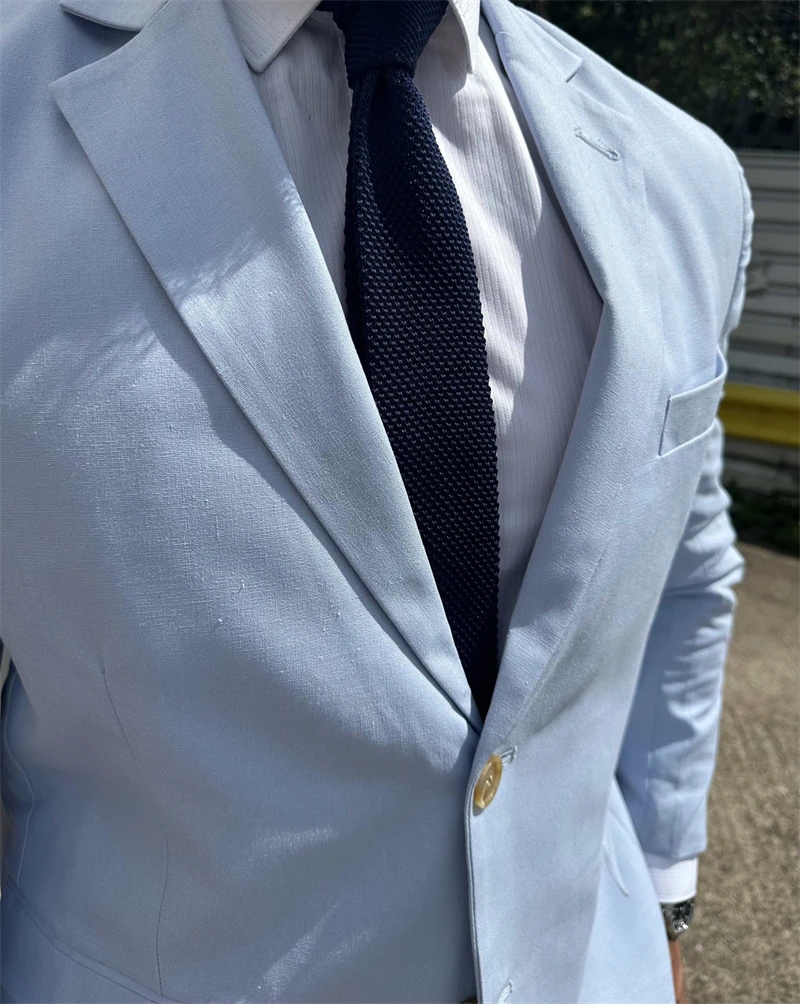 Sky Blue Linen Men Suits Outdoors Summer Party Wedding Groom Tuxedo 3 Pcs Male Fashion Jacket Vest Pants