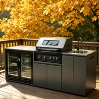 Meubles de cuisine d'extérieur modernes, modulaires et fonctionnels en acier inoxydable avec grill, plaque de cuisson, évier, réfrigérateur et éclairage LED pour jardin, patio ou cour arrière 3