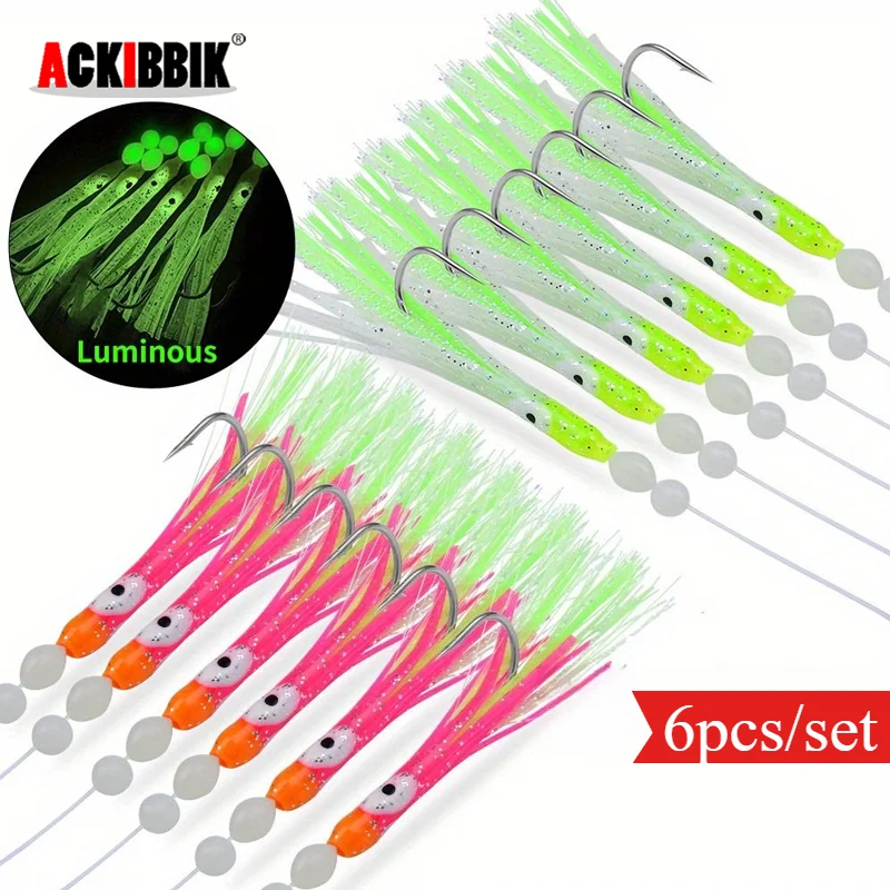Ackibbik 6pcs Glow Squid Skirt Luminous Squid Lure with Assist Fishhook Jig Fishing Lure Sea Fishing Trolling Bait Saltwater