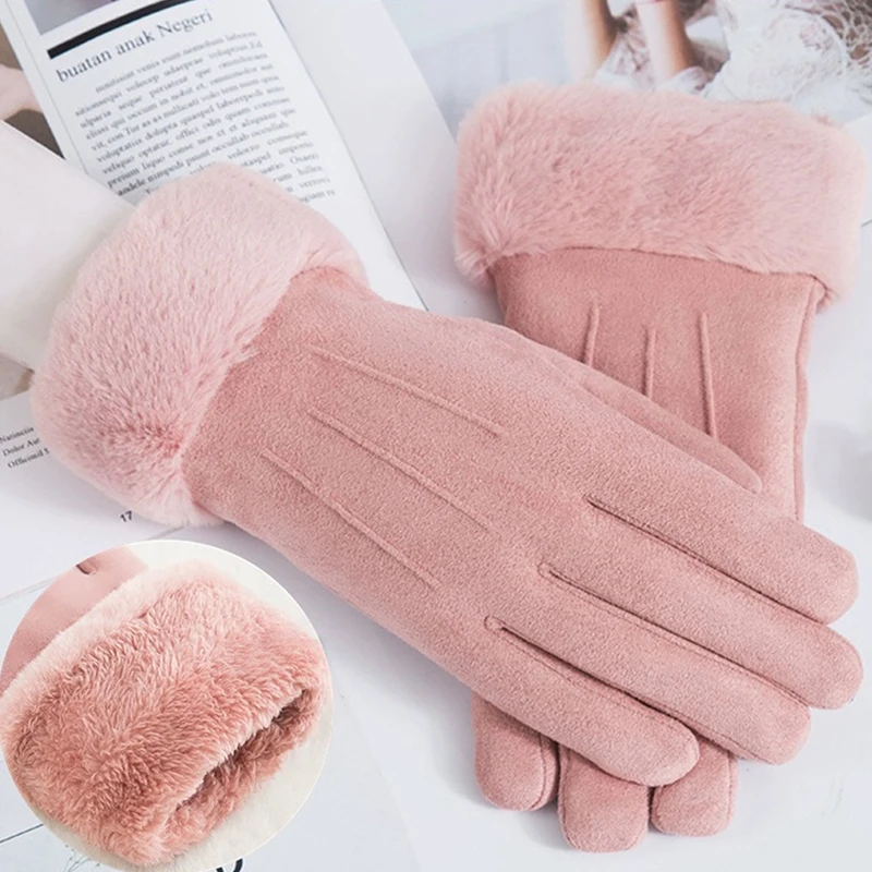 

Winter Female Cashmere Warm Suede Leather Cycling Mittens Thick Velvet Plush Wrist Women Touch Screen Driving Gloves