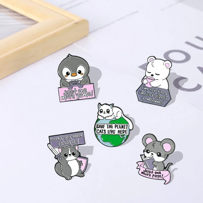 

Animals Quotes Enamel Pins Custom Cat Rat Penguin Raccoon Bear Brooches Shirt Lapel Badge Bag Funny Cute Jewelry Gift for Kids