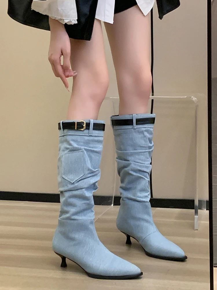 

Женские сапоги на высоком каблуке, Осенняя обувь, роскошная дизайнерская зимняя обувь, сапоги-Женские Кожаные Ковбойские Сапоги выше колена на шпильке, модная 2