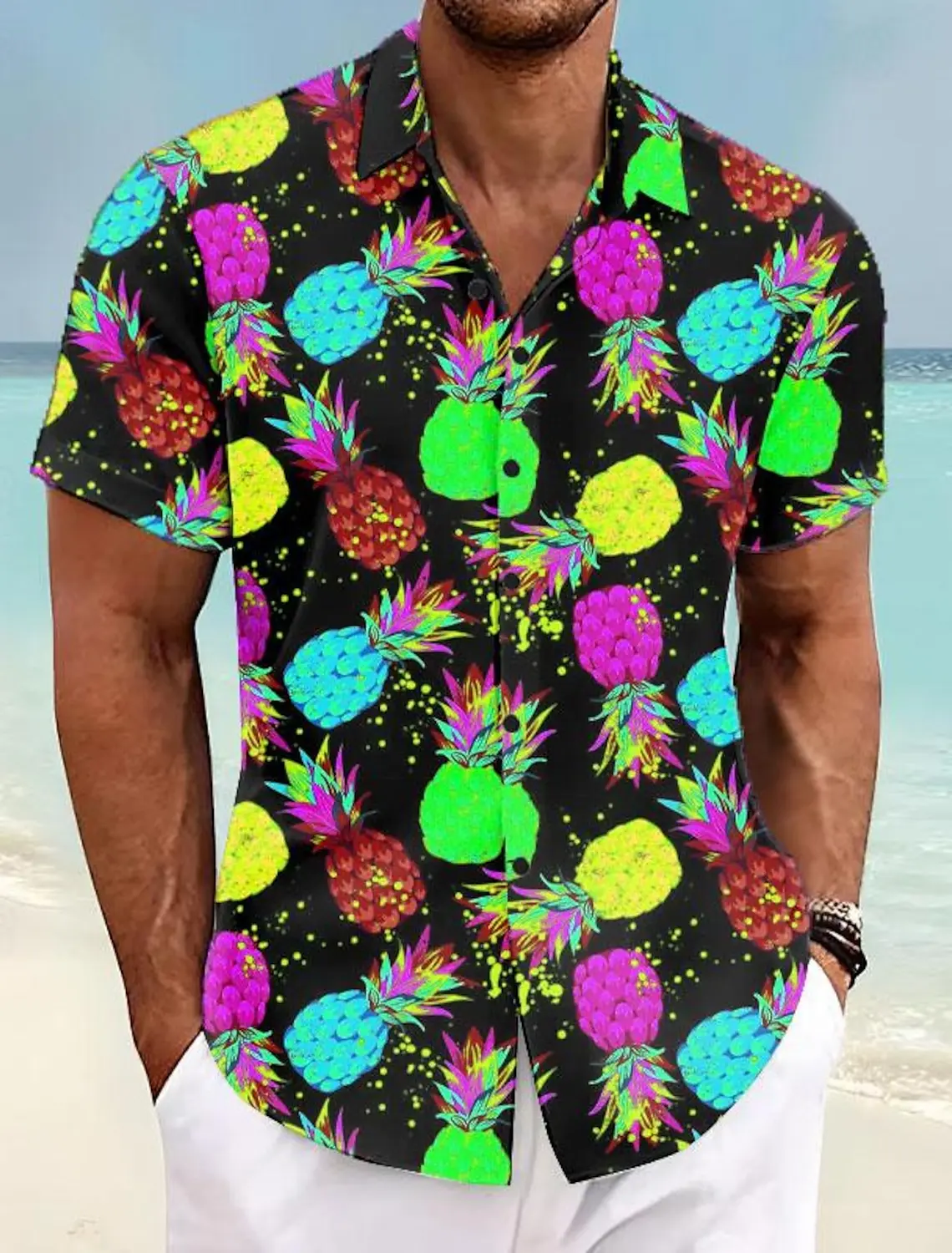 thumbnail image 1 of Camisa de hombre con estampado tropical de piña, camisa hawaiana de verano, informal, para vacaciones, verano, primavera, camisa de manga corta con cuello vuelto, tela elástica, 1 of 5