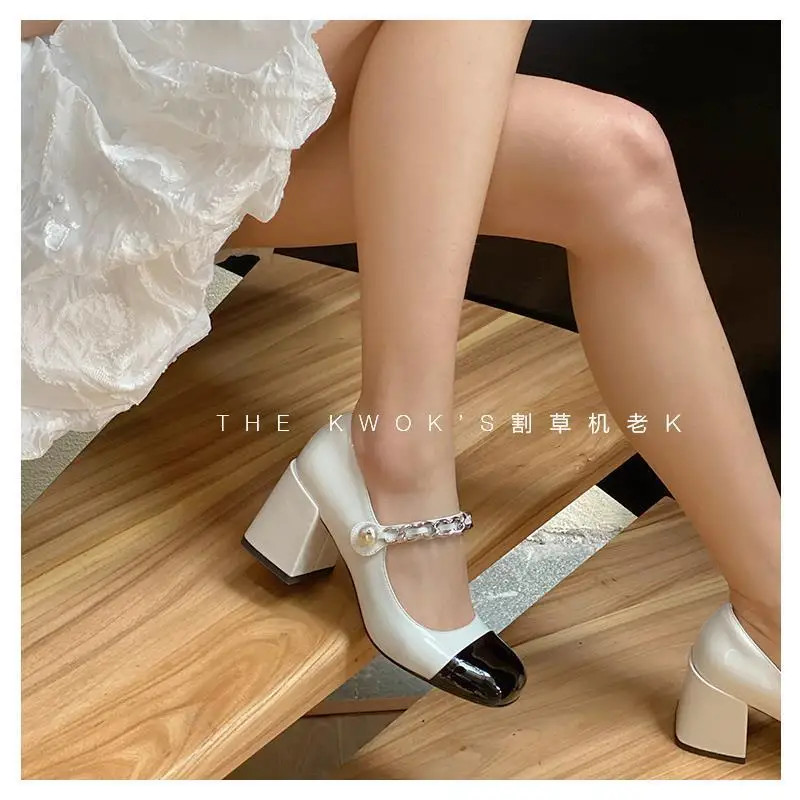 Spring 2022 New Fashion Retro Mary Jane Shoes Women High Heel Ladies Shoes Pumps One-word String Bead Slip-on Heels for Women