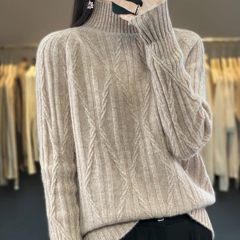 

2023 Autumn Winter New 100% Wool Sweater Half High Collar Solid Pullover Women's High Quality Knit Jumper Female Loose Warm Tops