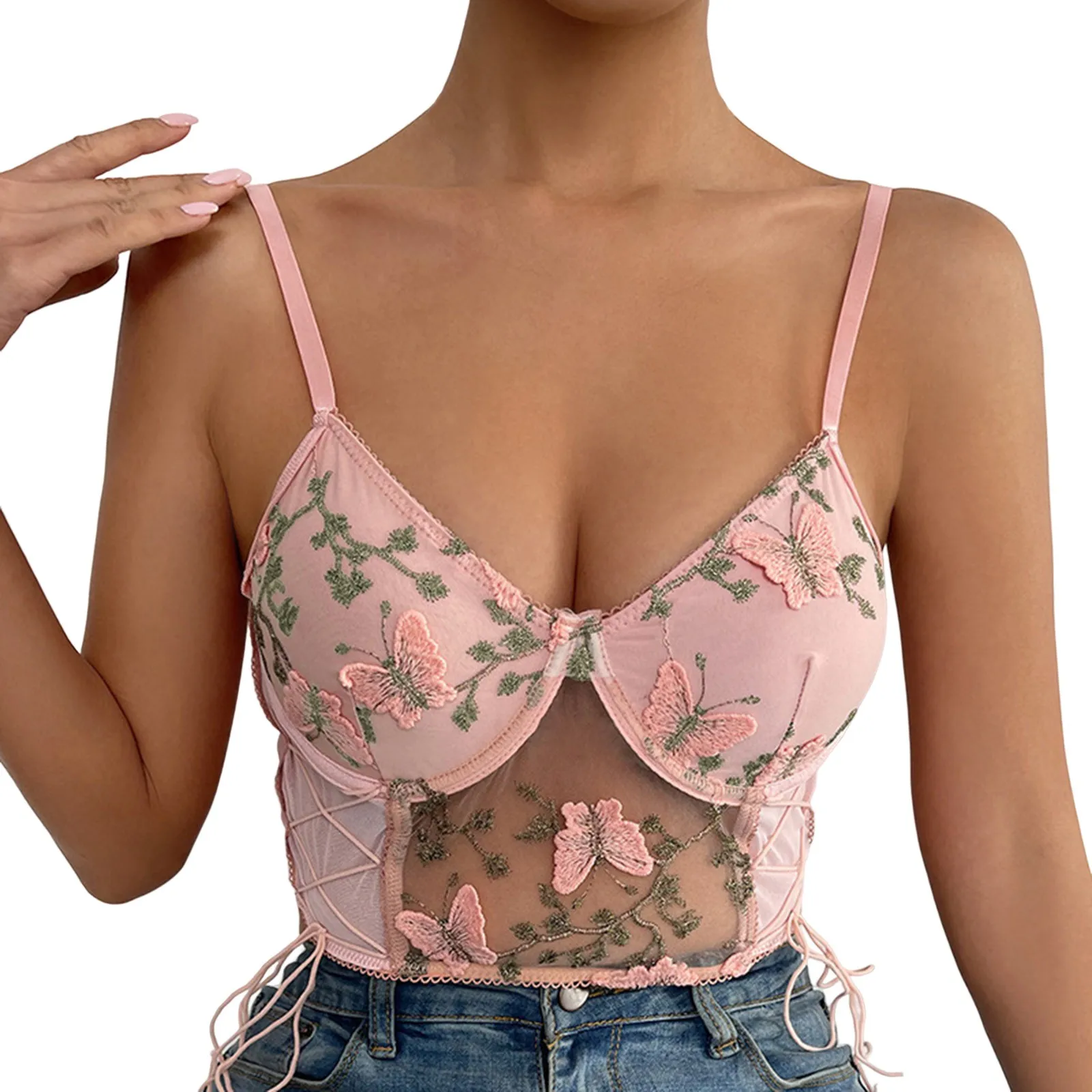 

Women Comfortable Solid Color Pink Thin Cup Gathering Butterfly Embroidery Sexy Bras One-piece Adjusted-straps Push Up Underwear