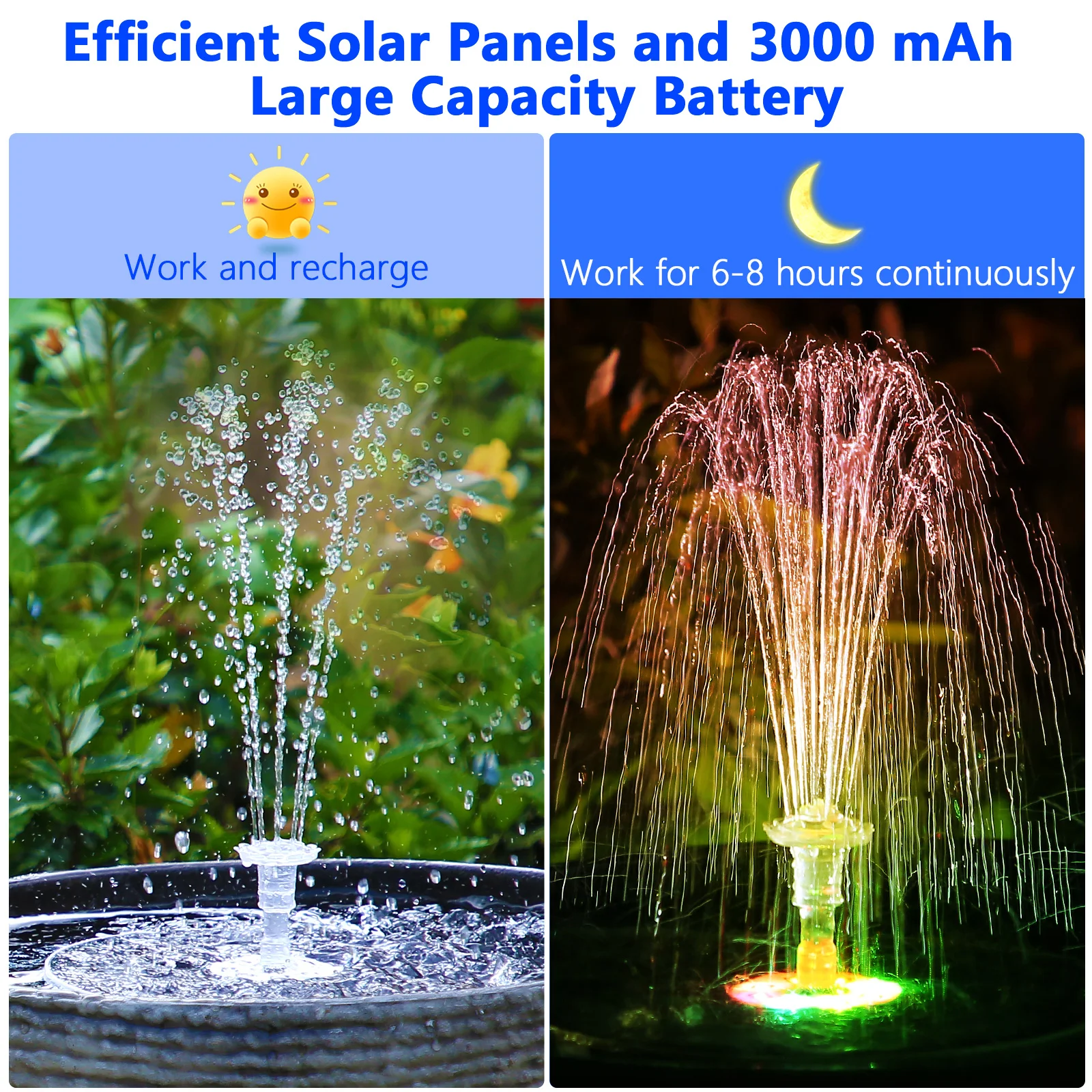 AISITIN 5.5W LED Solar Fountain Solar Water Fountains 3000mAh Battery 6 Nozzles Bird Bath Garden Outdoor
