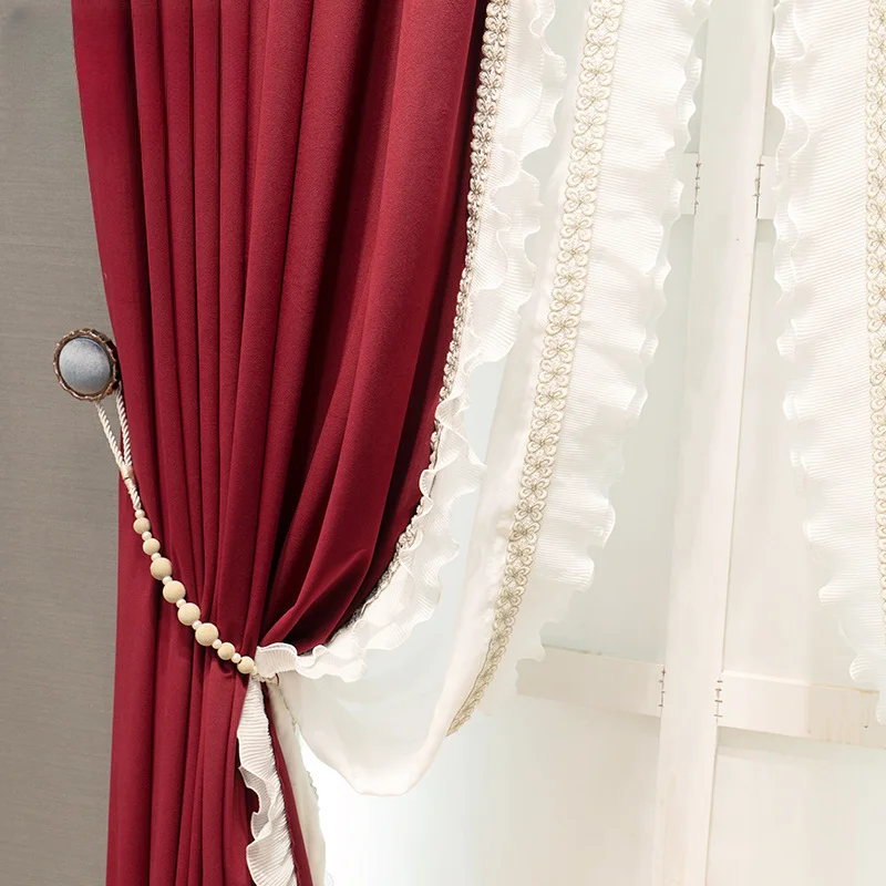 

French Solid Wine Red Curtains for Living Room Bedroom Villa Luxury Fungus Lace Embroidery Thicken Blackout Wed Window Custom