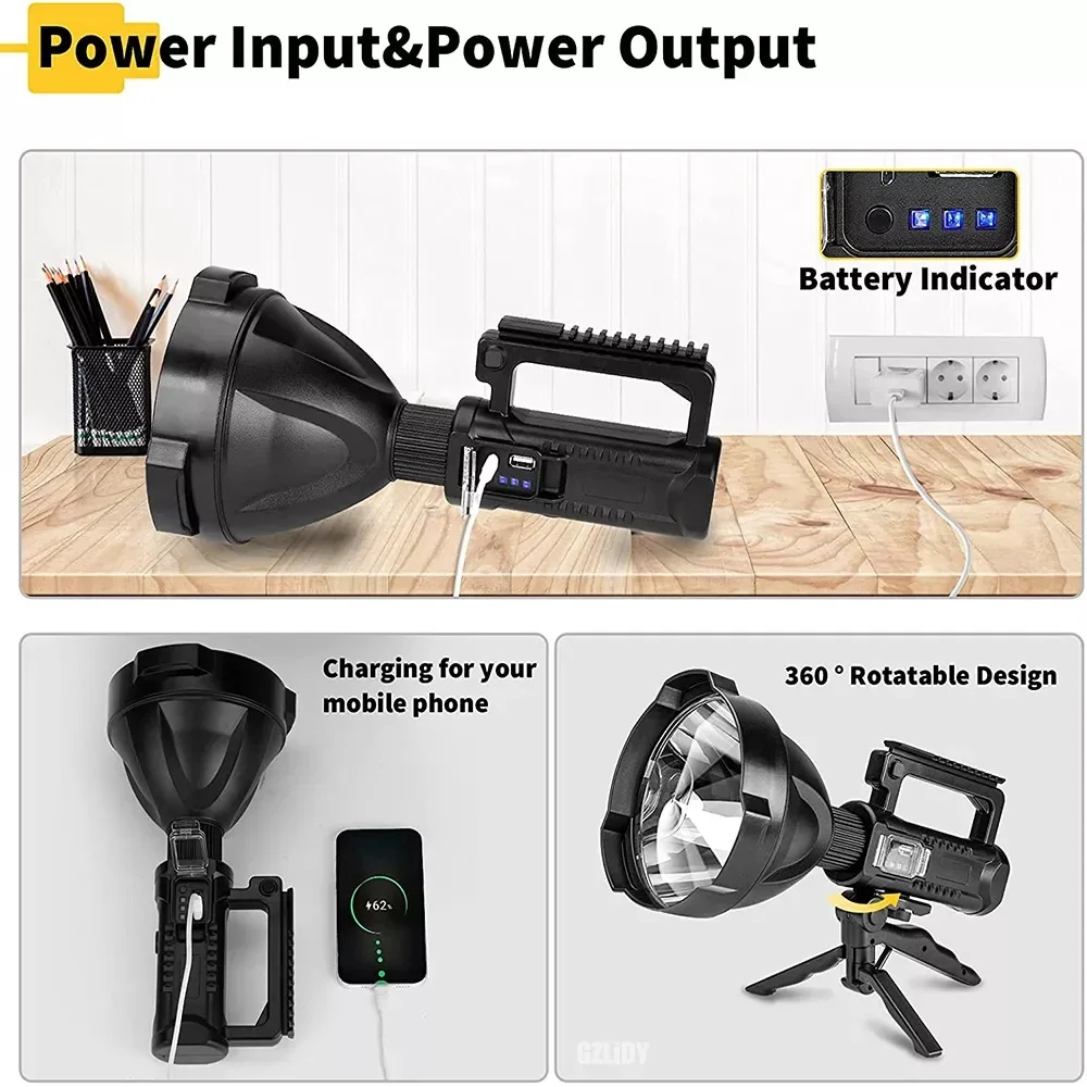 LED Flashlight Ultra-long Lighting Distance USB Rechargeable High Power Lamp Searchlight XHP70 Powerful Lantern Torches