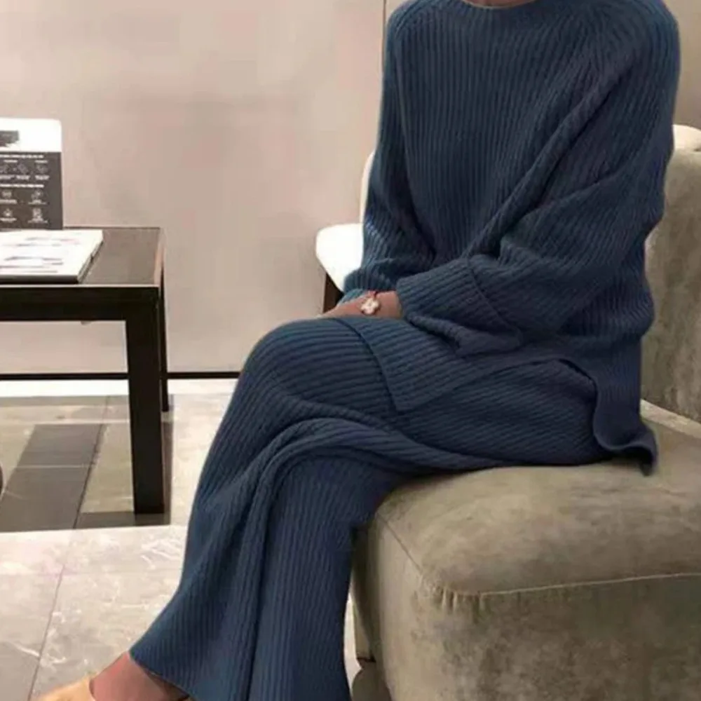 

Jocoo Jolee Women Loose Knit Sweater Suit Solid Color O Neck Pullover Wide Leg Pants Suit Autumn Winter 2 Pieces Set Homewear
