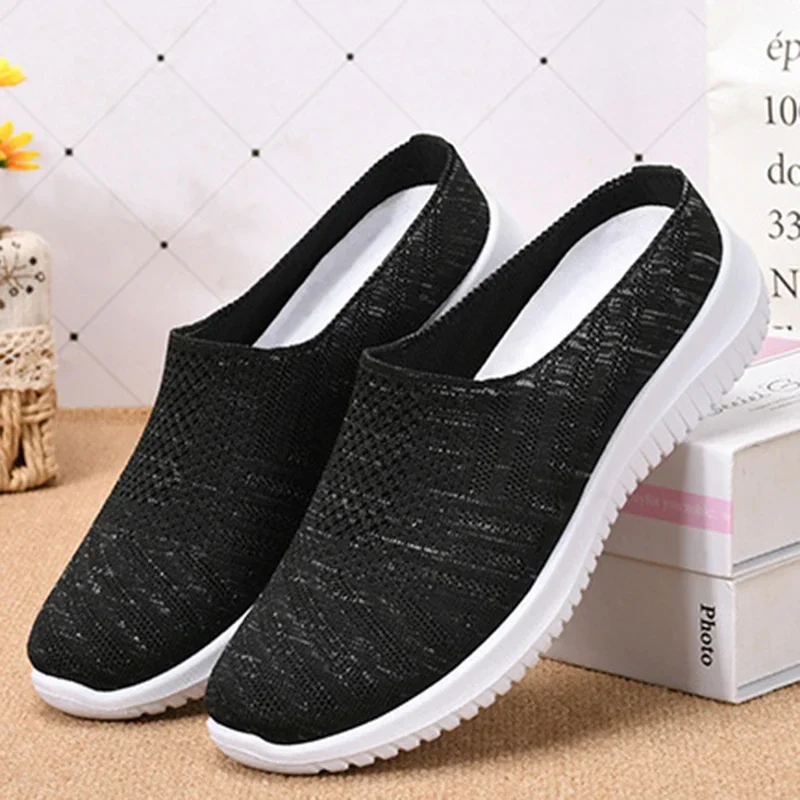 2025 New Breathable Knitted Half Slippers Women Lightweight Soft Sole Casual Flats Woman Comfort Slip On Walking Shoes Female