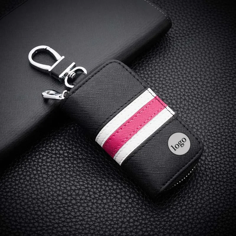 Cartera de cuero con rayas de colores para hombre y mujer, Funda Universal para llaves de coche, Mini monedero con cremallera