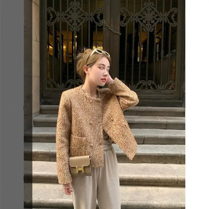 

High Quality Fall Vintage Weaving Tweed Wool Short Jacket Women French Outerwear Small Fragrance Coats Female A37