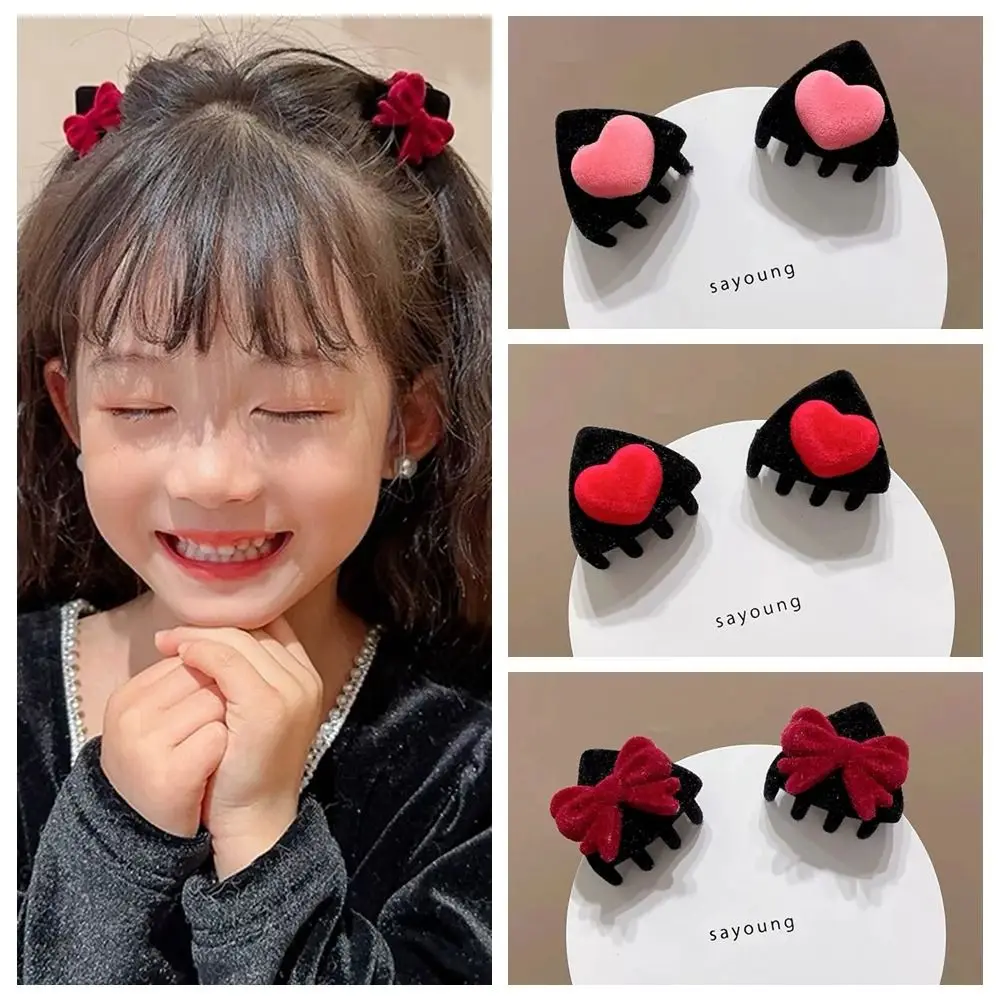 Bow Cat Ear Hairpin Cute Flocking Cartoon Children's Hair Clip Heart Small Hair Claw Velvet Hair Clip Baby 1pc sanrio kuromi series hair clip cute cartoon plush hair claw clip kawaii hairpin back head hair accessories