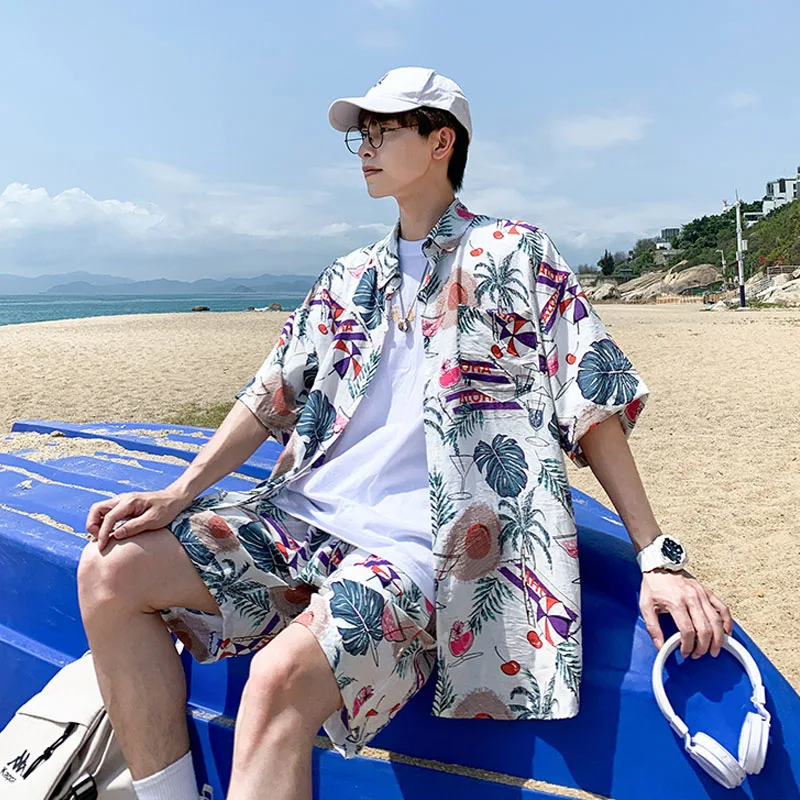 

Beach Clothes Men Hawaiian Shirt Set Men Fashion Clothing Streetwear Causal Seaside suit Men Breathab Cool Shorts 2 psc Set S16