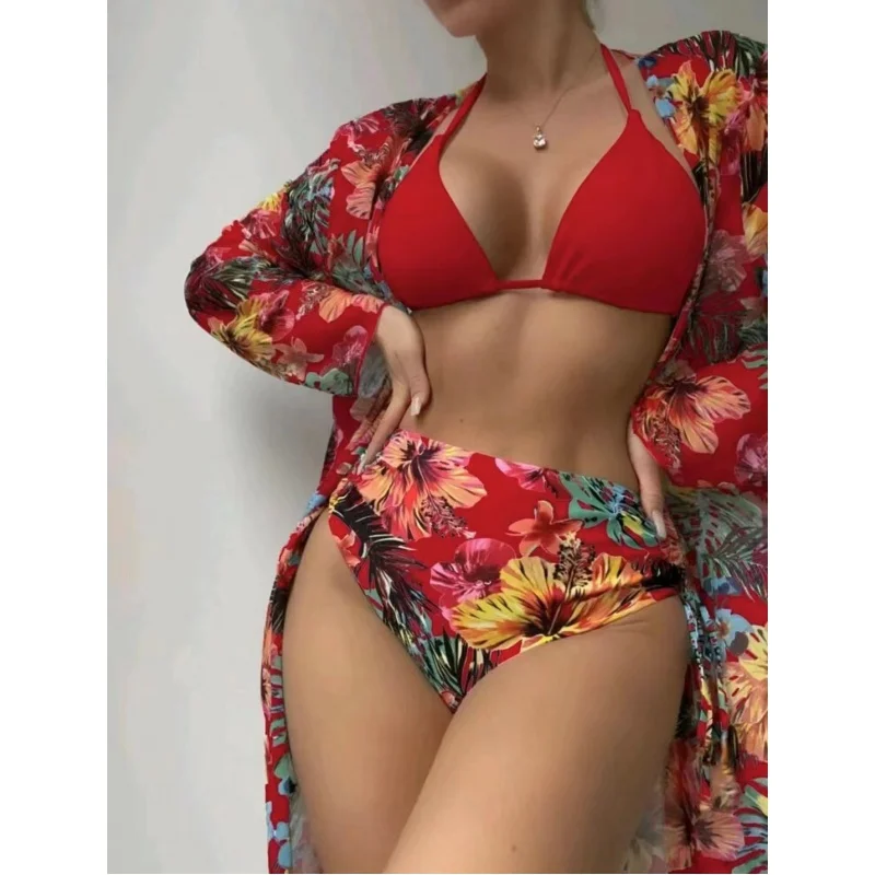 2024New Sexy Bikini Three-Piece Set Printed Mesh Blouse Swimsuit