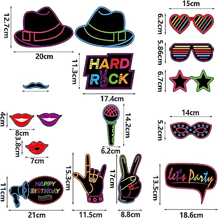 Glowing neon photo booth props with sticks that let us glow in the dark 16 party photo props party supplies fav