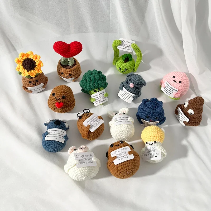 Positive Crochet Flower with Affirmation Card Crochet Energy Potato Fruits Animals Handmade Knitting Kids Gift Desktop Decor
