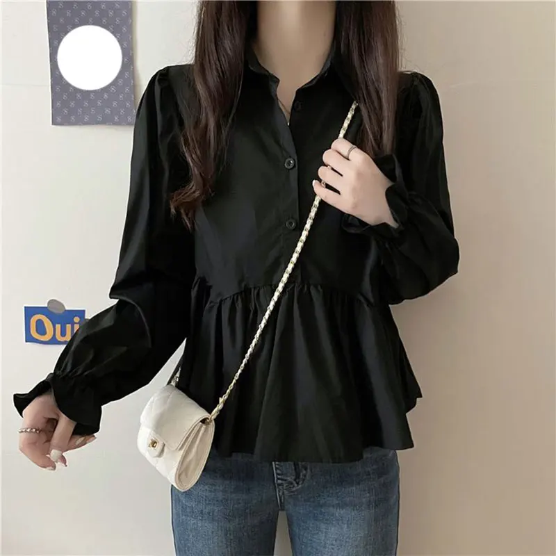 Elegante Mode Harajuku Slim Fit alle passen Bluse solide Knopf Patchwork Langarm Tops Frauen lose lässige Damen bekleidung – Detail 6