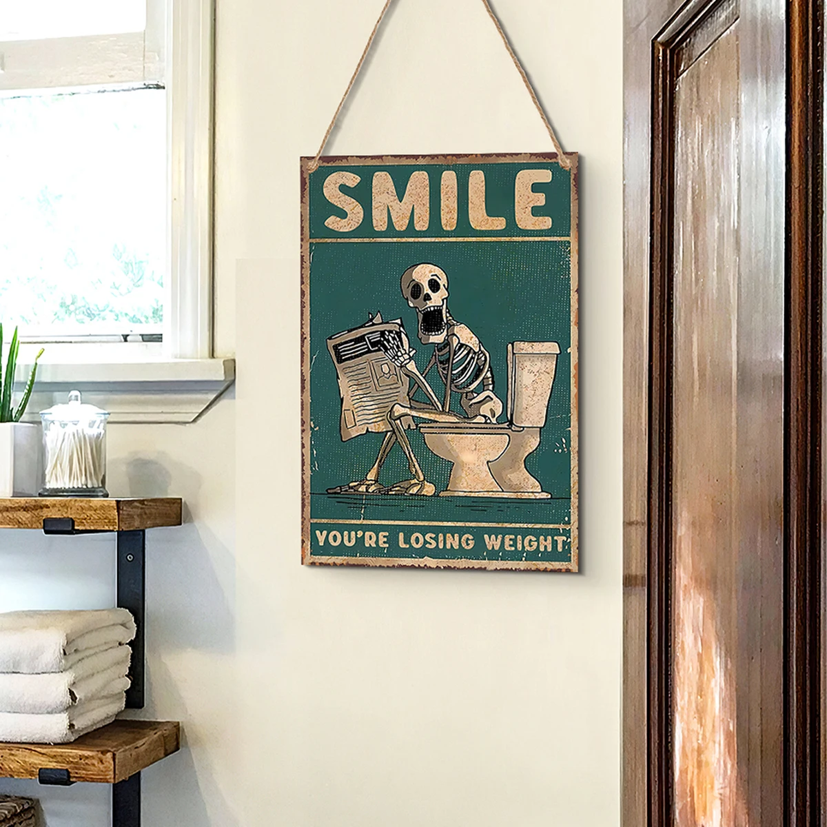 1PC, funny skeleton toilet seat decoration sign, lightweight wooden material home decoration sign