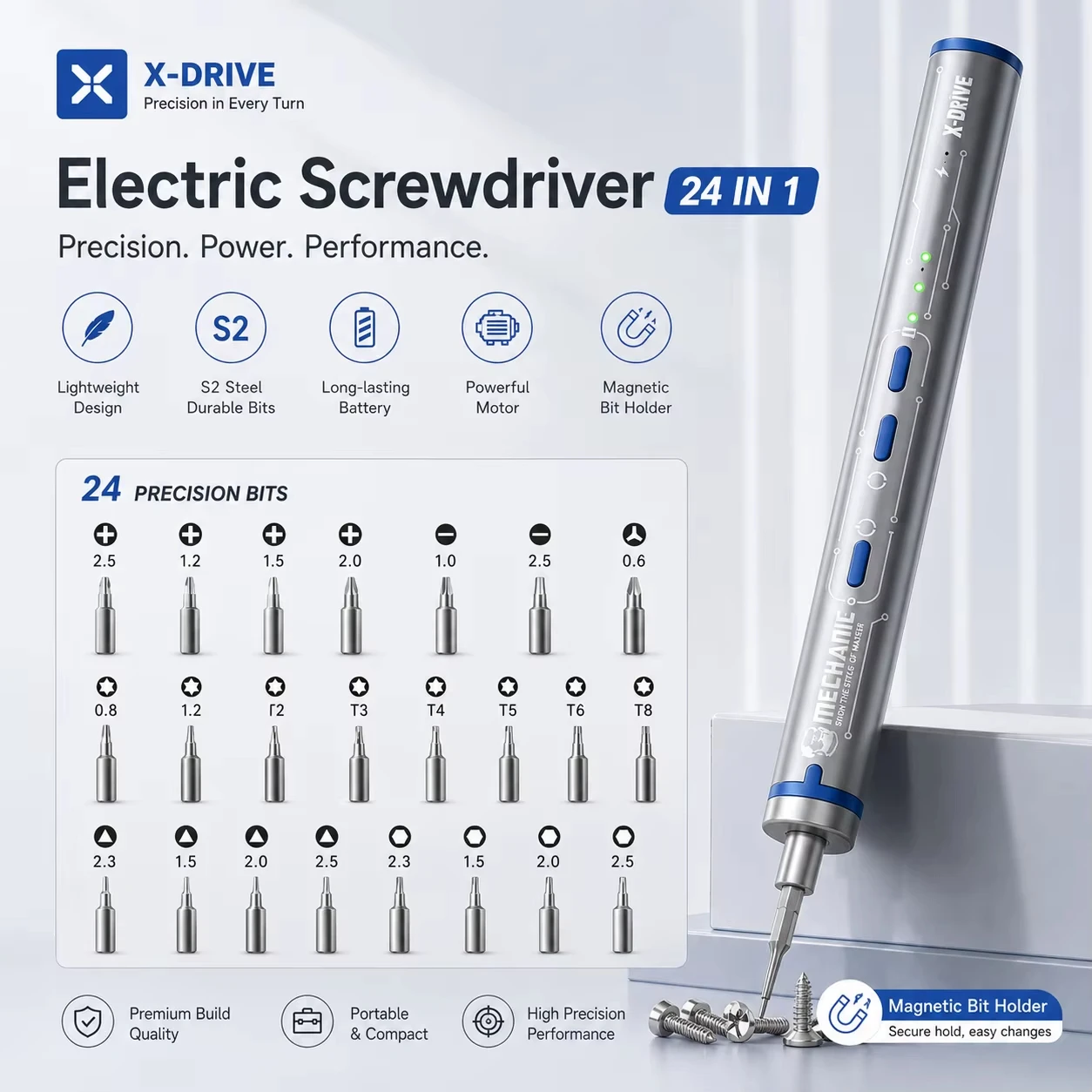 Precision Electric Screwdriver with 24 S2 Bits for Electronics and Repair Tools