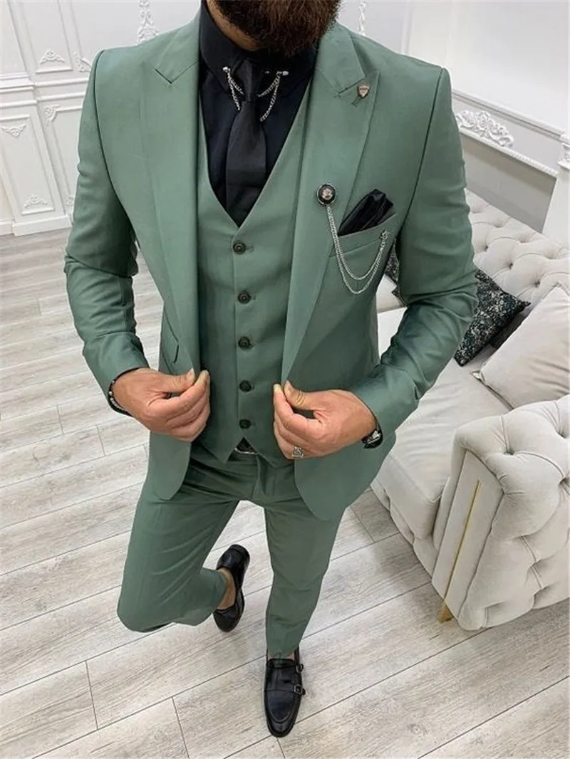 

Green One Button Groom Tuxedos Notch Lapel Best Man Groomsman Mens Wedding Suits Prom Suits (Jacket+Pants+Vest