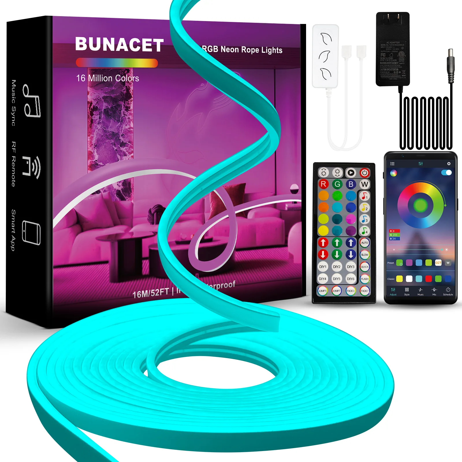 RGB Neon LED Strip 8/16M IP65 Waterproof DIY 24V Neon Strip Bluetooth App Remote Control Flexible Ribbon for Home Decor Lighting