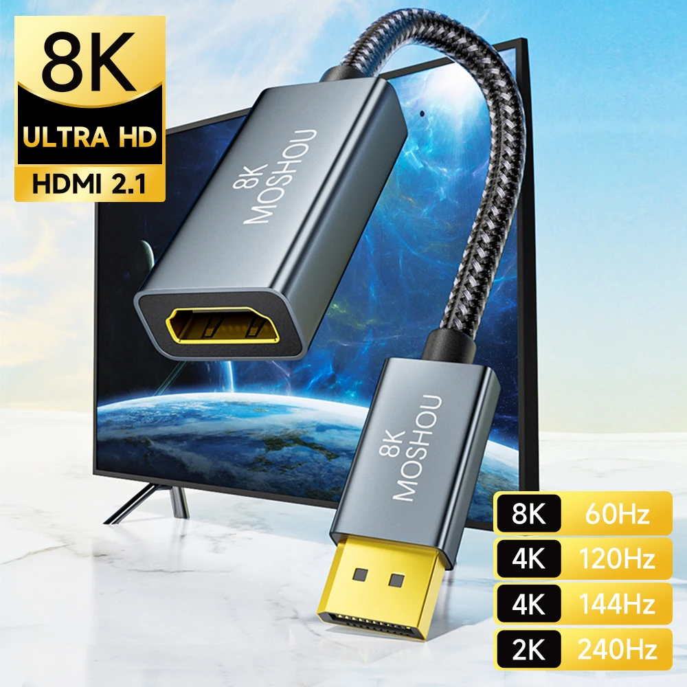 Adaptateur de câble DisplayPort 1.4 vers HDMI 2.1, 8K 60Hz, 4K