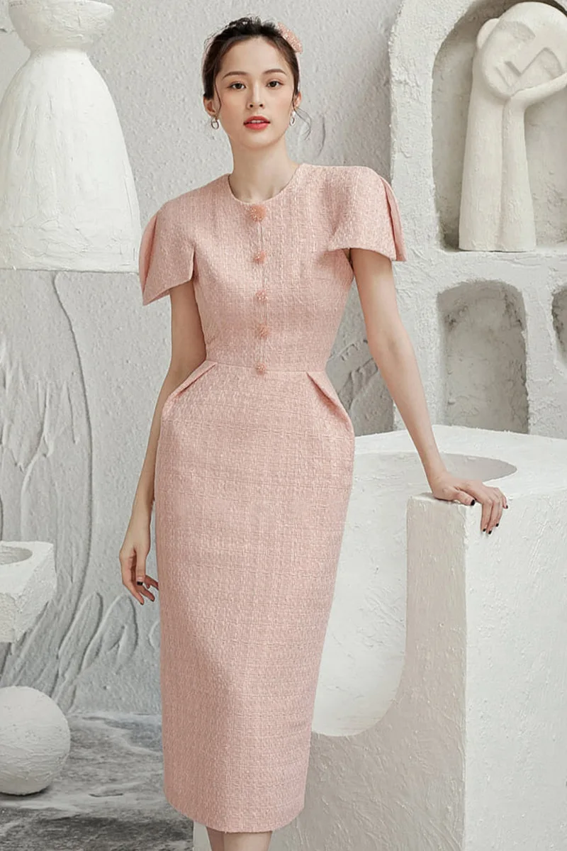Commute Style Light Pink Tweed Temperament Dress for Women Spring Summer  New Elegant High Waist Round Neck Short Sleeve Dress - AliExpress 200000345