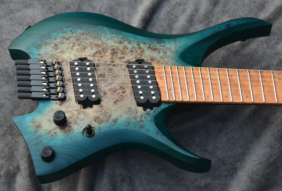 ファンなしのエレキギター,7弦,ヘッドレス,カラーブルー,バースト
