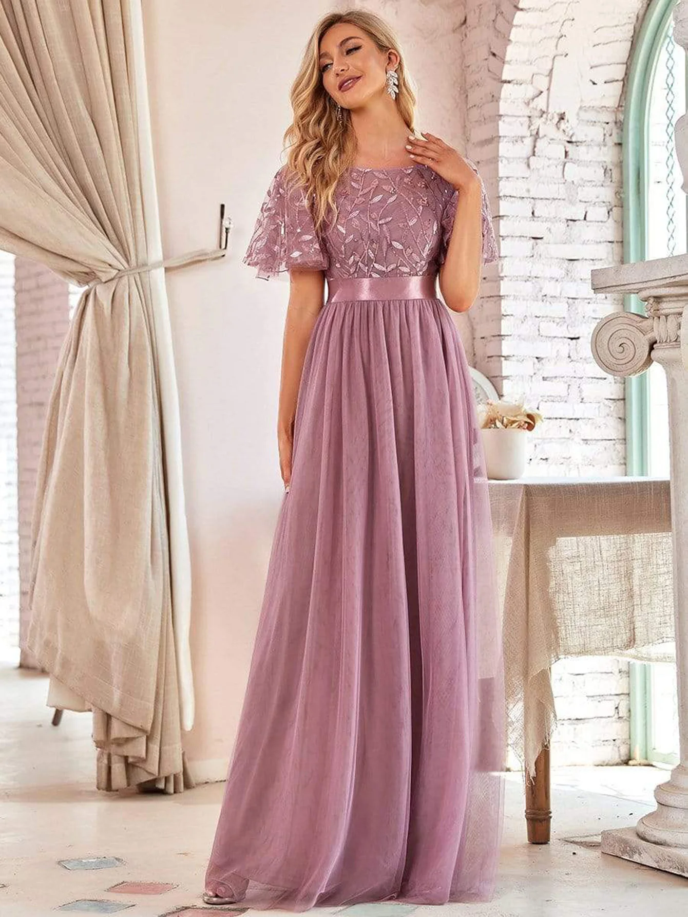 Evening Dresses Women A-Line Sequin Mesh Leaf Maxi Prom O-Neck Short Sleeve Long