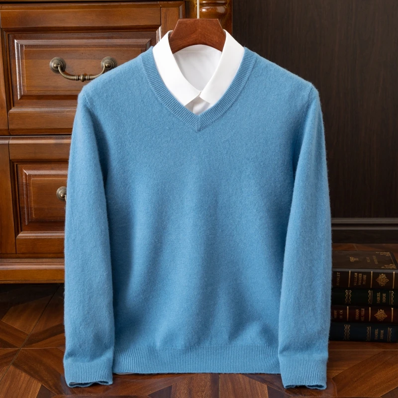 Basic Sweater V-Neck Pullover Wool Sweater Men's Long Sleeved Solid Color Business Casual Jumper Sweater Autumn Winter Warm Knit Top