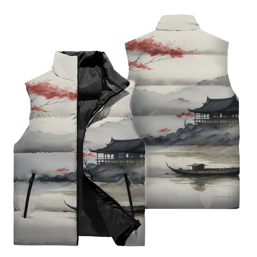 thumbnail image 4 of Chaleco sin mangas de otoño e invierno para hombre, nuevo, con estampado japonés Ukiyoe, ropa para exteriores, para caminar por la calle, resistente al viento, cálido, chaleco superior, 4 of 5