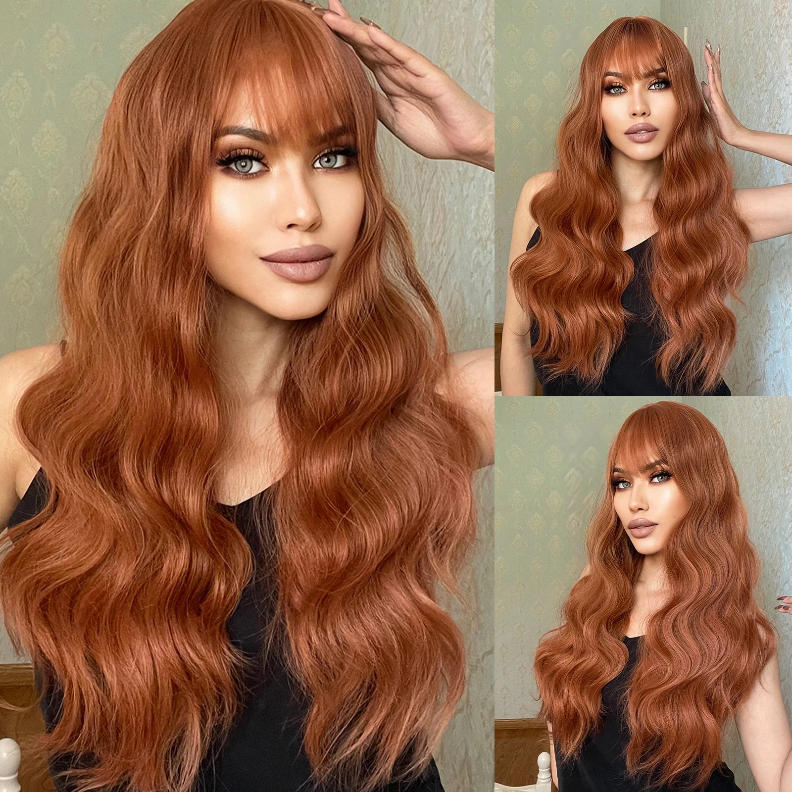 

HENRY MARGU Brown Orange Synthetic Wigs for Women Long Water Wave Natural Hair Curly Wig Heat Resistant Cosplay Party Wigs