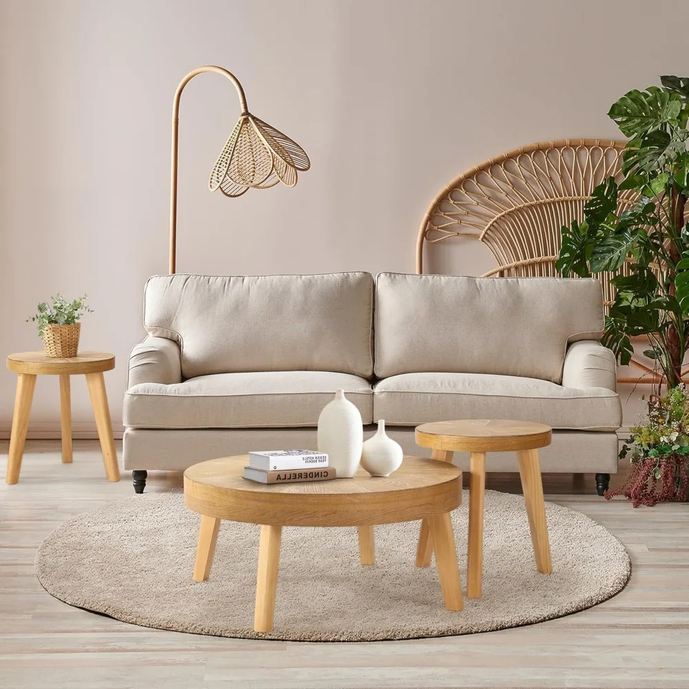 Farmhouse Round Coffee Table Set of 3, Boho Sofa Side Nesting Tables End Table Set with Wood Natural Finish for Living Room, 6