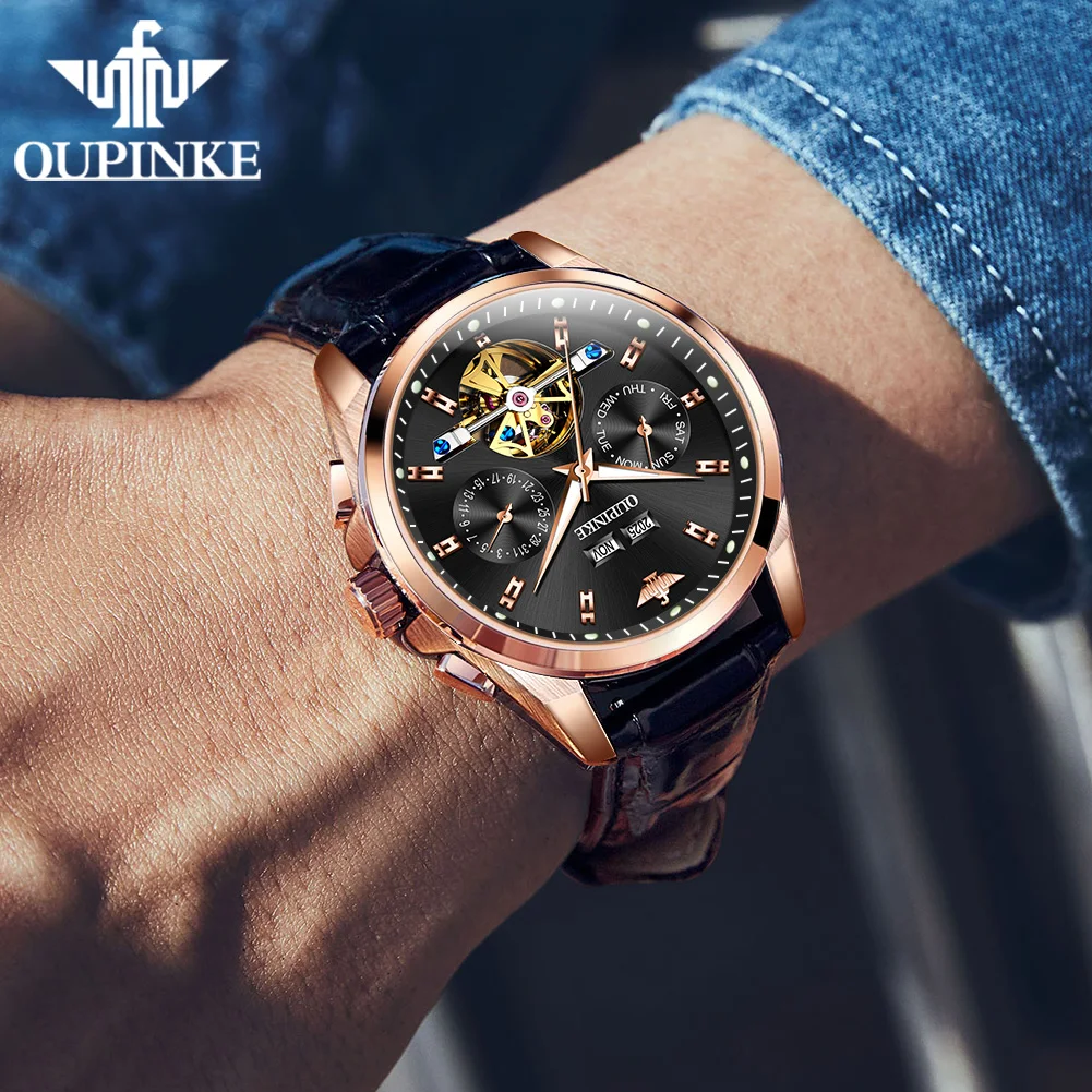 OUPINKE 3291 Man Watch Hollow Skeleton Mechanical Watch For Men Synthetic Sapphire Mirror Waterproof Date Automatic Wristwatch