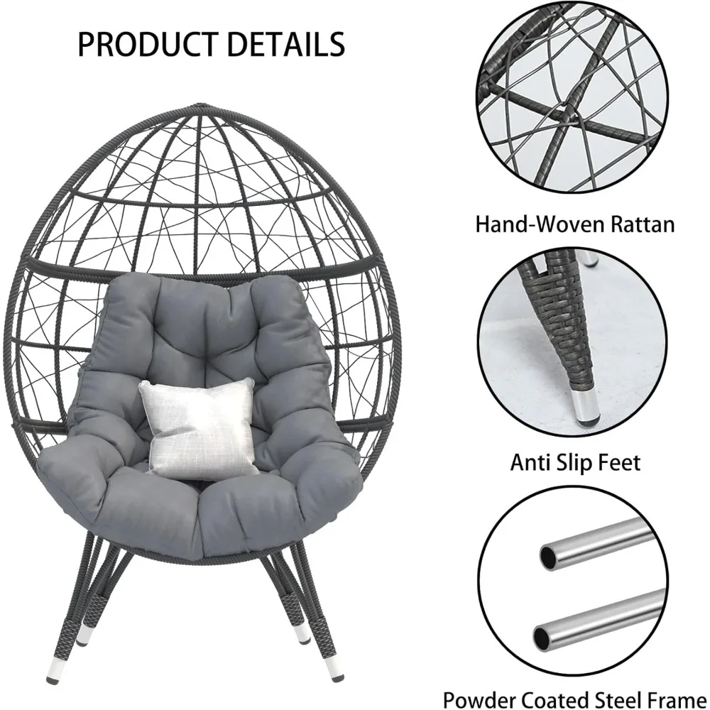 Oversize Wicker Egg Chair, Outdoor Indoor Egg Basket Lounge Chair w Large Cushion for Patio Backyard Garden Living Room (Grey) 6