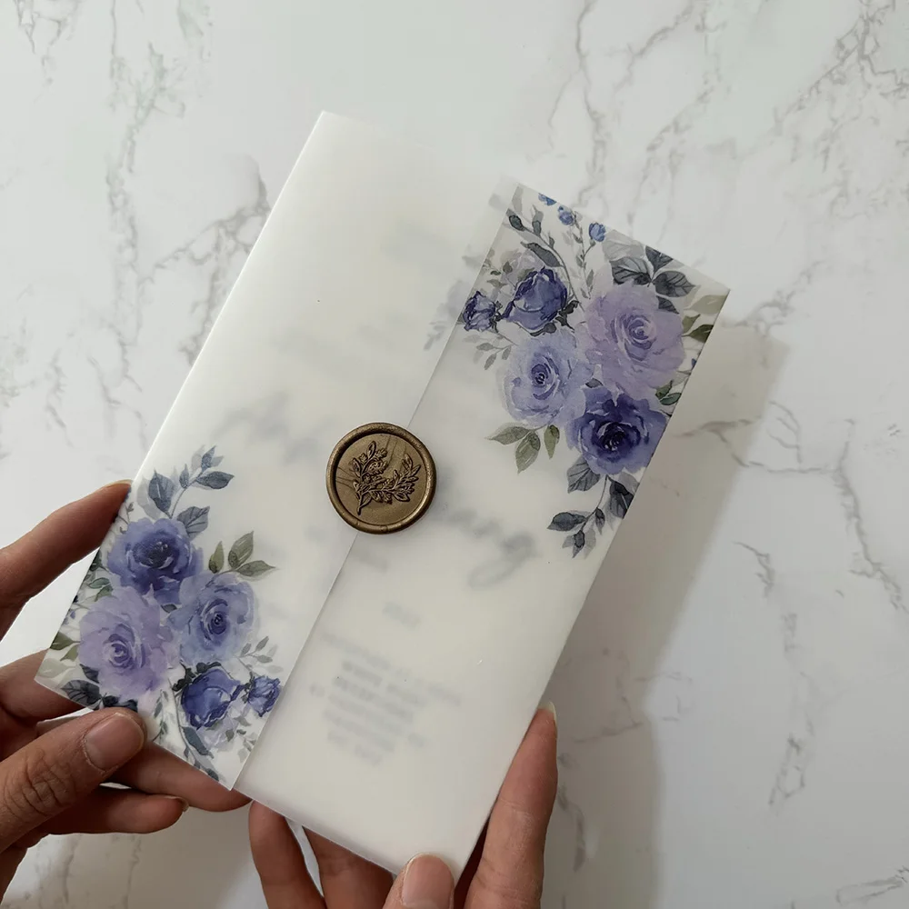 Purple flower Vellum Wrap 5 x 7 Wedding Invitation wedding invitations flower vellum wrap