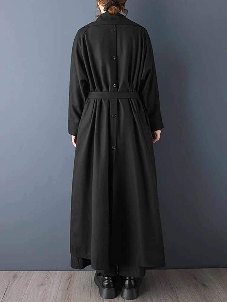Oversized Autumn Winter New Korean Fashion Long Trench Coat For Women Black Vintage Sashes Casual Loose Outerwear Clothing 2025