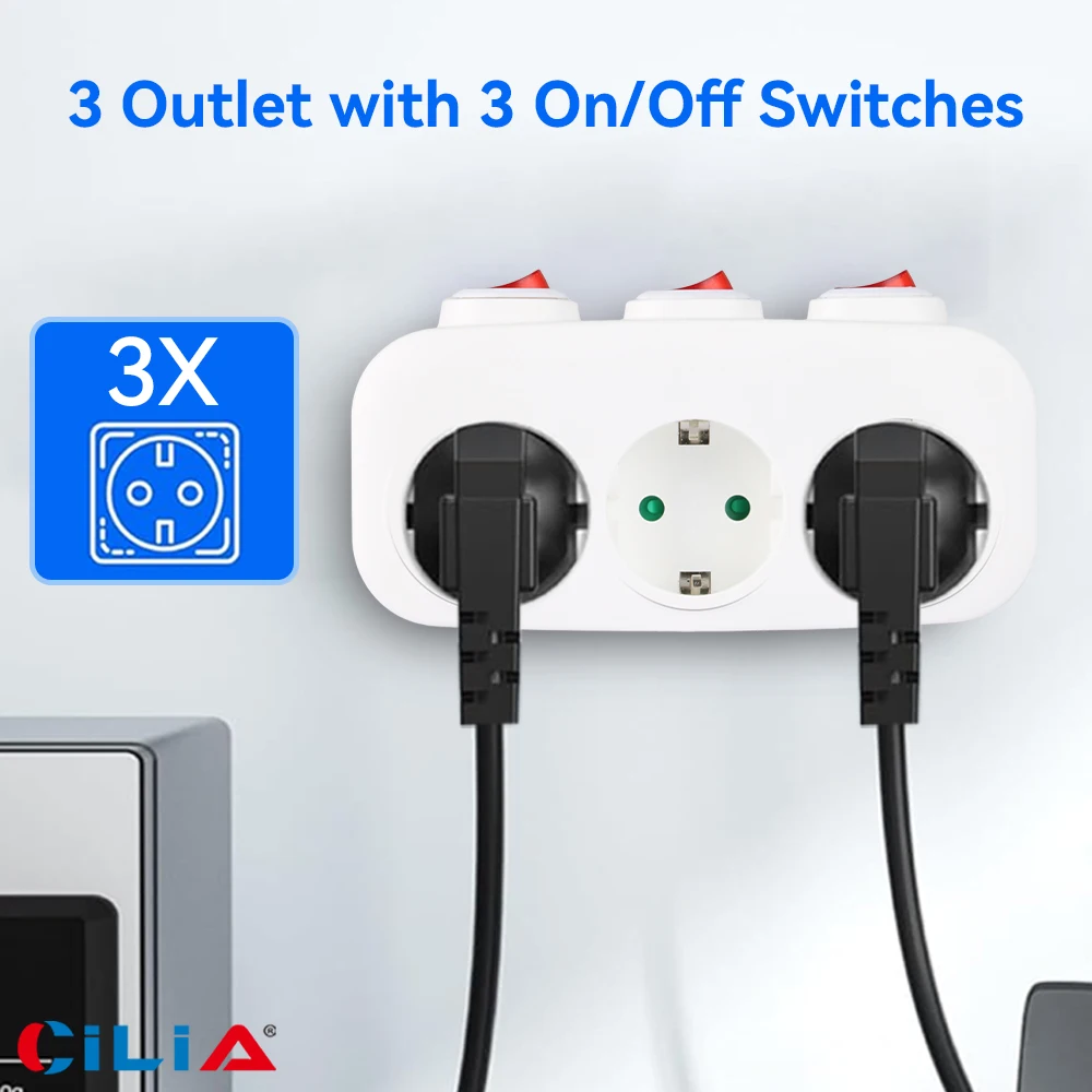 CILIA Germany Standard EU Power Plug Socket 1 To 3 Outlets Multi-power strip With ON OFF Switch Euro Mounted 1 2pcs 1