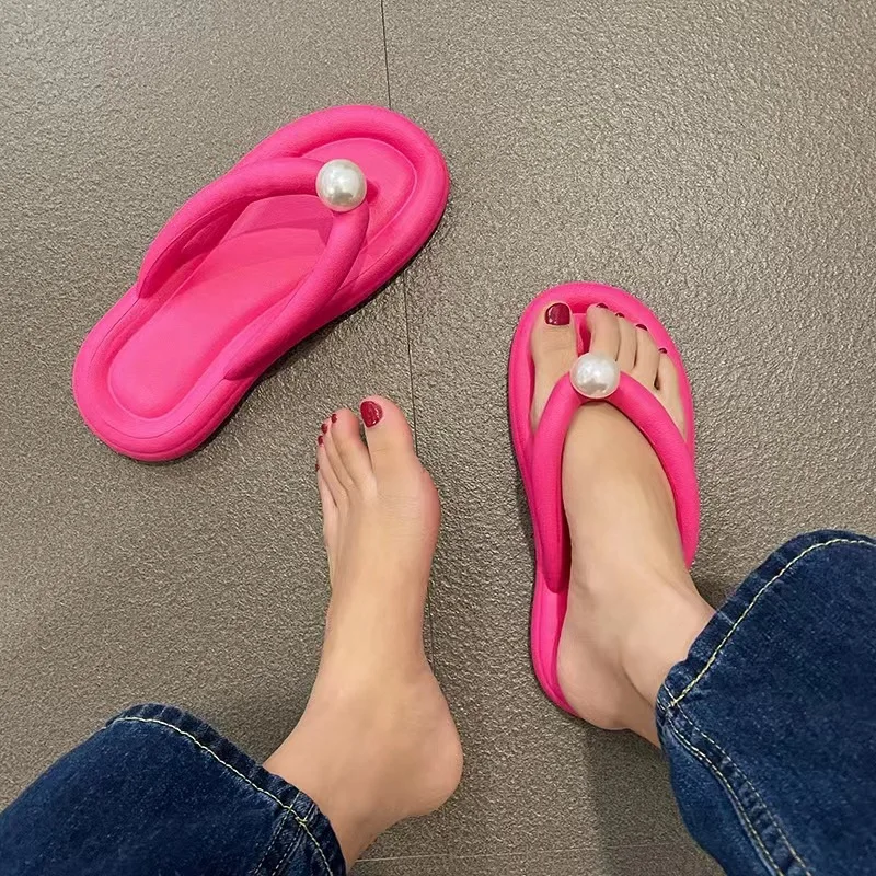 Fashion Pearl Soft Flip Flops for Women 2024 Summer Clip Toe Platform Pillow Slides Sandals Woman Light Non Slip Beach Slippers 3