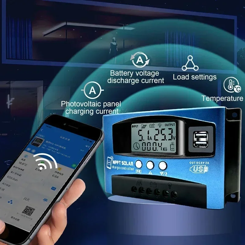Contrôleur Solaire MPPT 60A Bluetooth - Régulateur Charge 12V/24V, écran LCD, USB Pour Panneaux